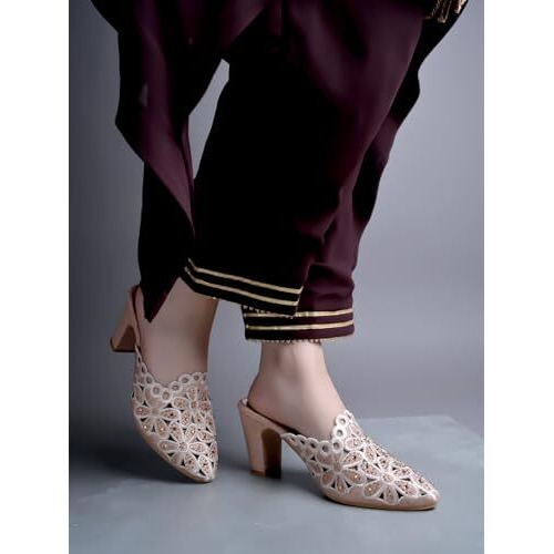 Shoetopia Women's Pink Embroidered Block Heel Mules  Ethnic Slip-On Sandals With Glitter Finish And Cutwork Detailing Eu37