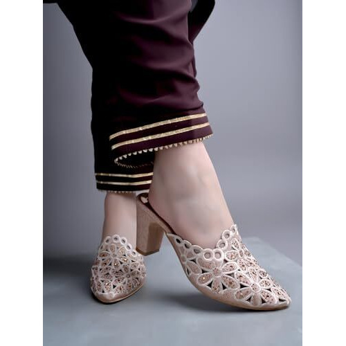 Shoetopia Women's Pink Embroidered Block Heel Mules  Ethnic Slip-On Sandals With Glitter Finish And Cutwork Detailing Eu37