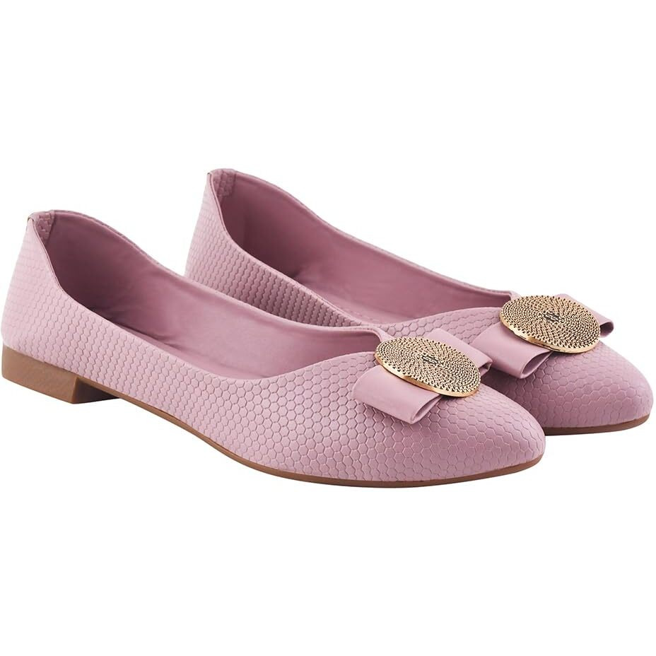 Shoetopia Women's Mauve Ballet Flats  Textured Slip-On Bellies With Decorative Bow & Gold Button | Elegant Casual & Office Eu42