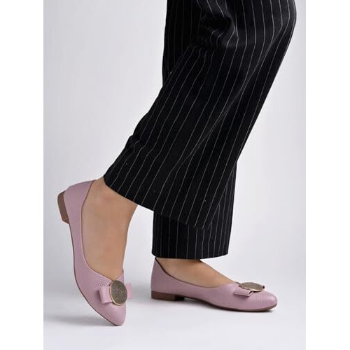 Shoetopia Women's Mauve Ballet Flats  Textured Slip-On Bellies With Decorative Bow & Gold Button | Elegant Casual & Office Eu42