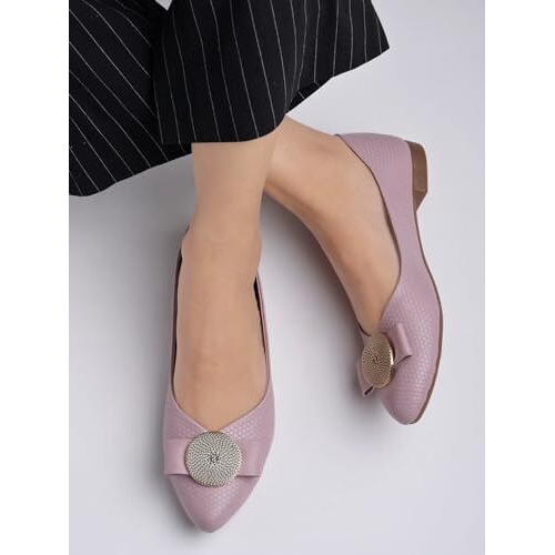 Shoetopia Women's Mauve Ballet Flats  Textured Slip-On Bellies With Decorative Bow & Gold Button | Elegant Casual & Office Eu42