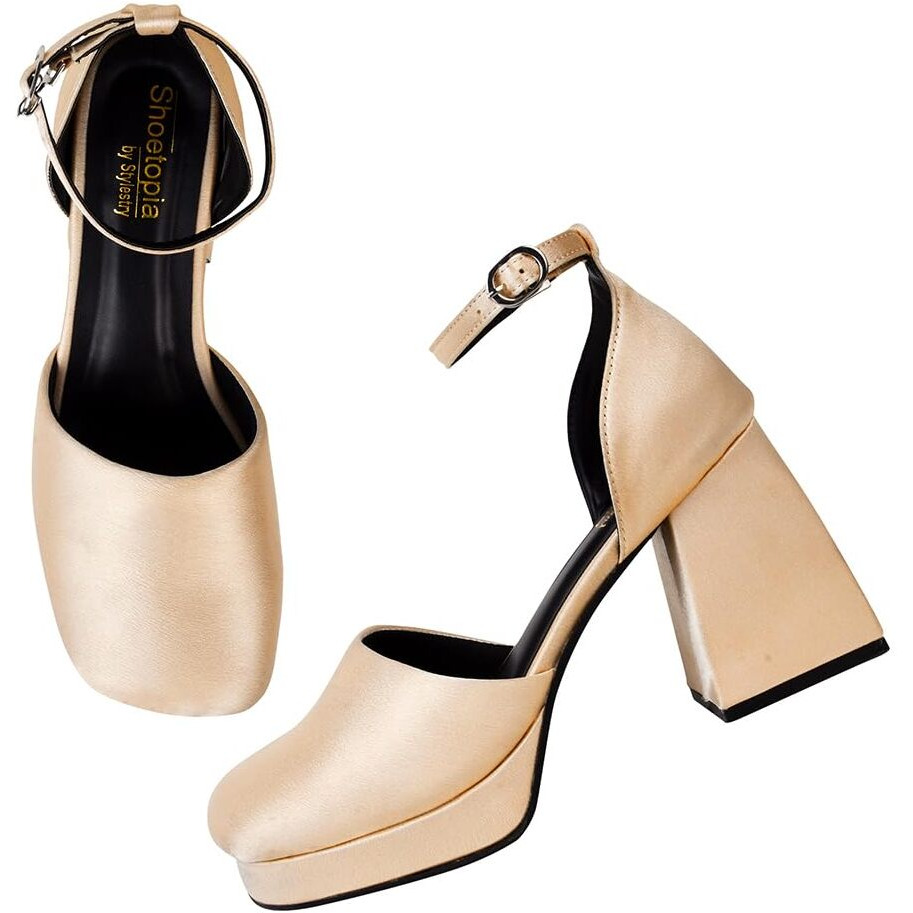 Shoetopia Square Toe Golden Platfrom Block Heel Court Pump For Women & Girls /Eu37