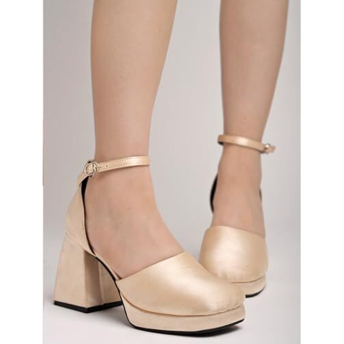 Shoetopia Square Toe Golden Platfrom Block Heel Court Pump For Women & Girls /Eu37