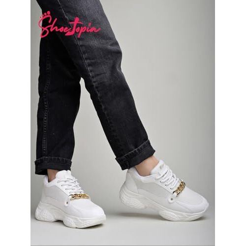 Shoetopia Chain Detailed White Sneakers For Girls-Eu39