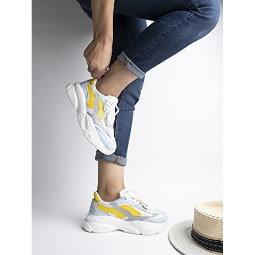 Shoetopia Women's Block Heel Sneakers Blue