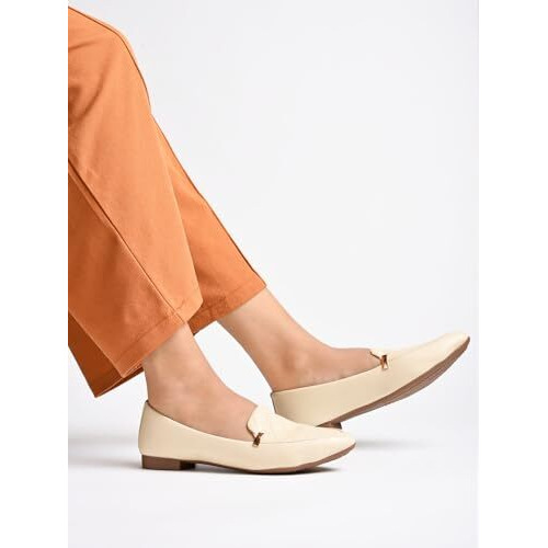 Shoetopia Women's Block Heel Ballet Flats Cream, 3