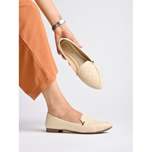 Shoetopia Women's Block Heel Ballet Flats Cream, 3