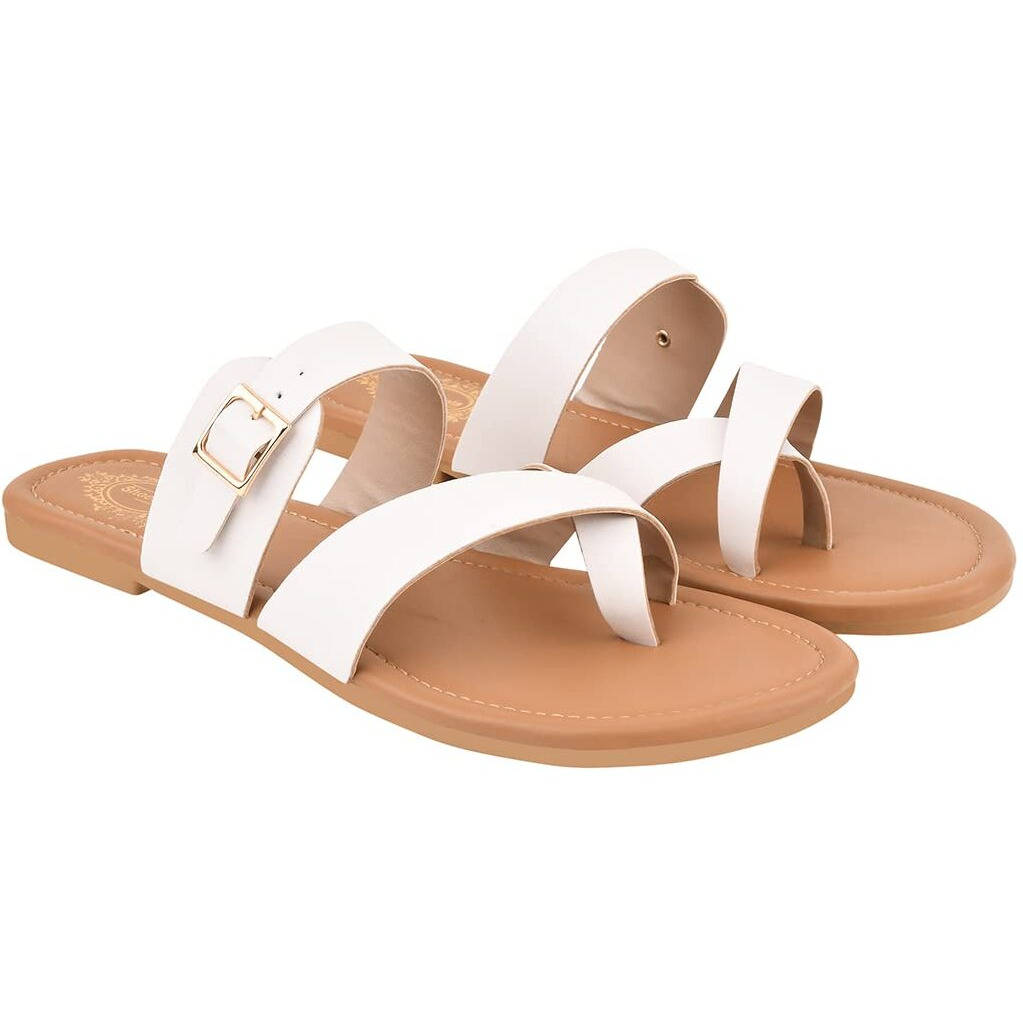 Shoetopia Stylish Side Buckle Detailed White Flats For Women & Girls /Uk4