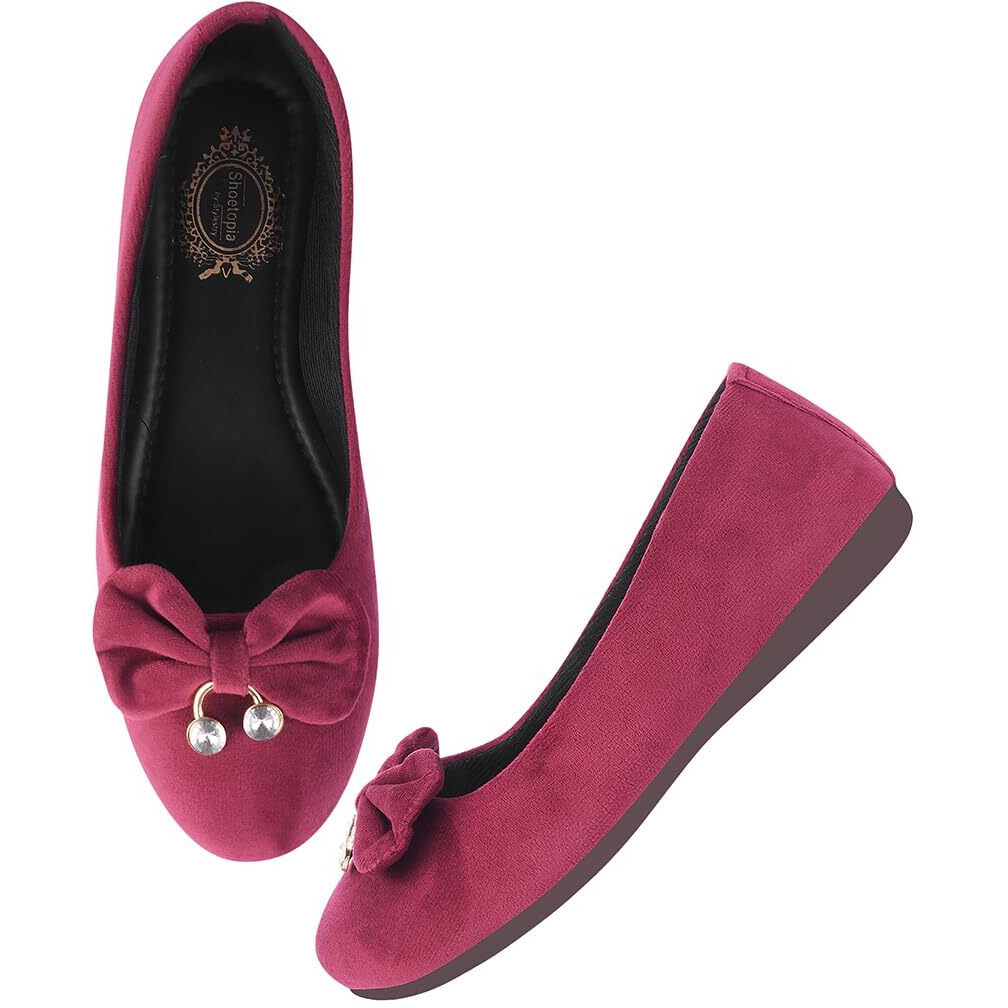 Shoetopai Women's Cherry Velvet Ballerina Flats With Bow & Pearl Detail  Elegant Slip-On Belly Shoes For Casual & Party Eu37
