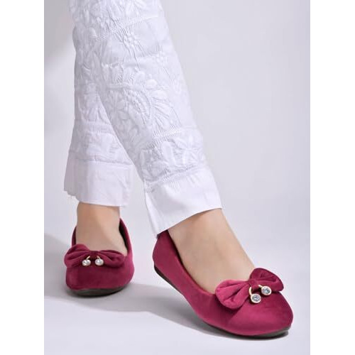 Shoetopai Women's Cherry Velvet Ballerina Flats With Bow & Pearl Detail  Elegant Slip-On Belly Shoes For Casual & Party Eu37