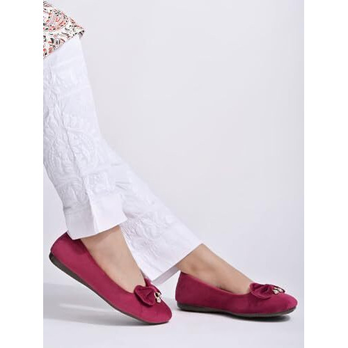 Shoetopai Women's Cherry Velvet Ballerina Flats With Bow & Pearl Detail  Elegant Slip-On Belly Shoes For Casual & Party Eu37