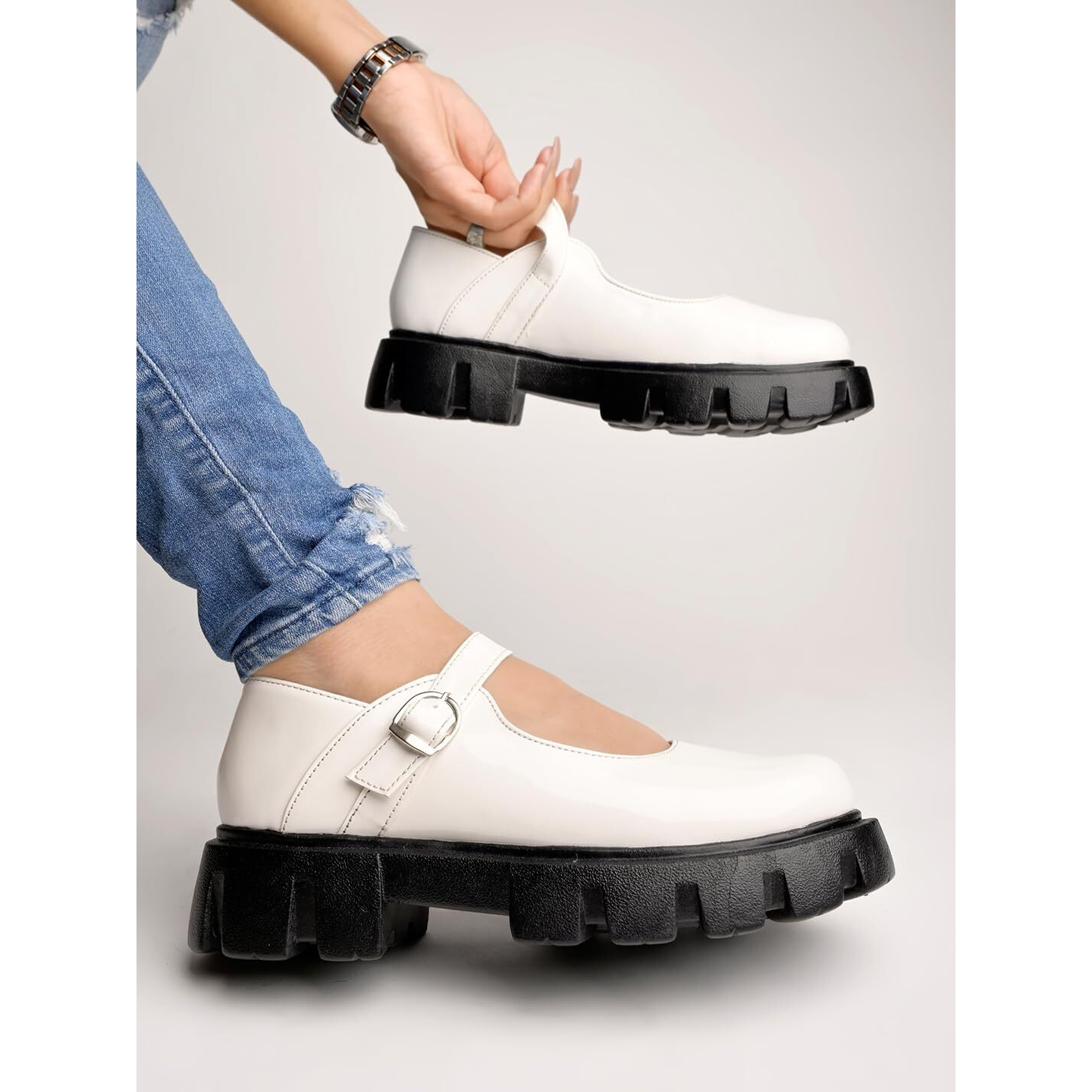 Shoetopia Smart Casual Buckle Detailed White Loafers For Women & Girls /Uk7