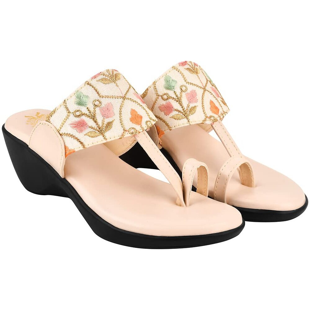 Shoetopia Embroidered Ethnic Cream Kolhapuri Wedgess For Women & Girls /Uk3
