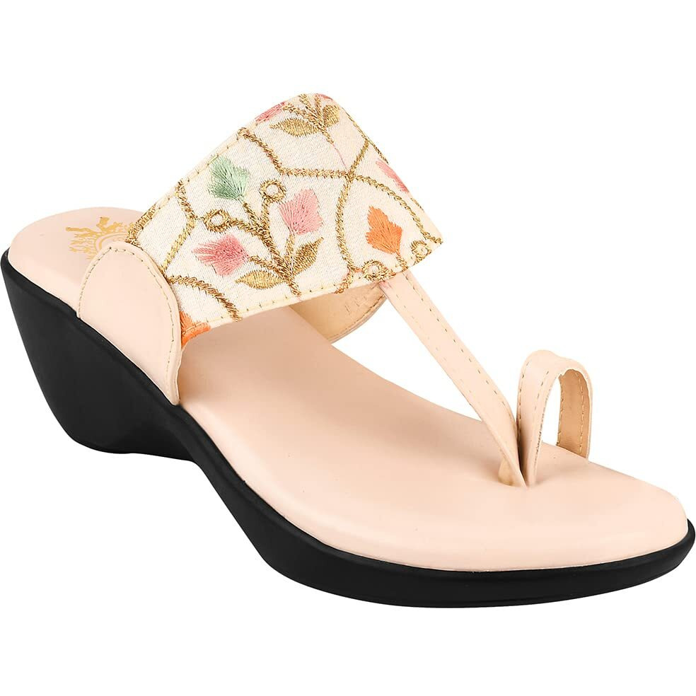 Shoetopia Embroidered Ethnic Cream Kolhapuri Wedgess For Women & Girls /Uk3