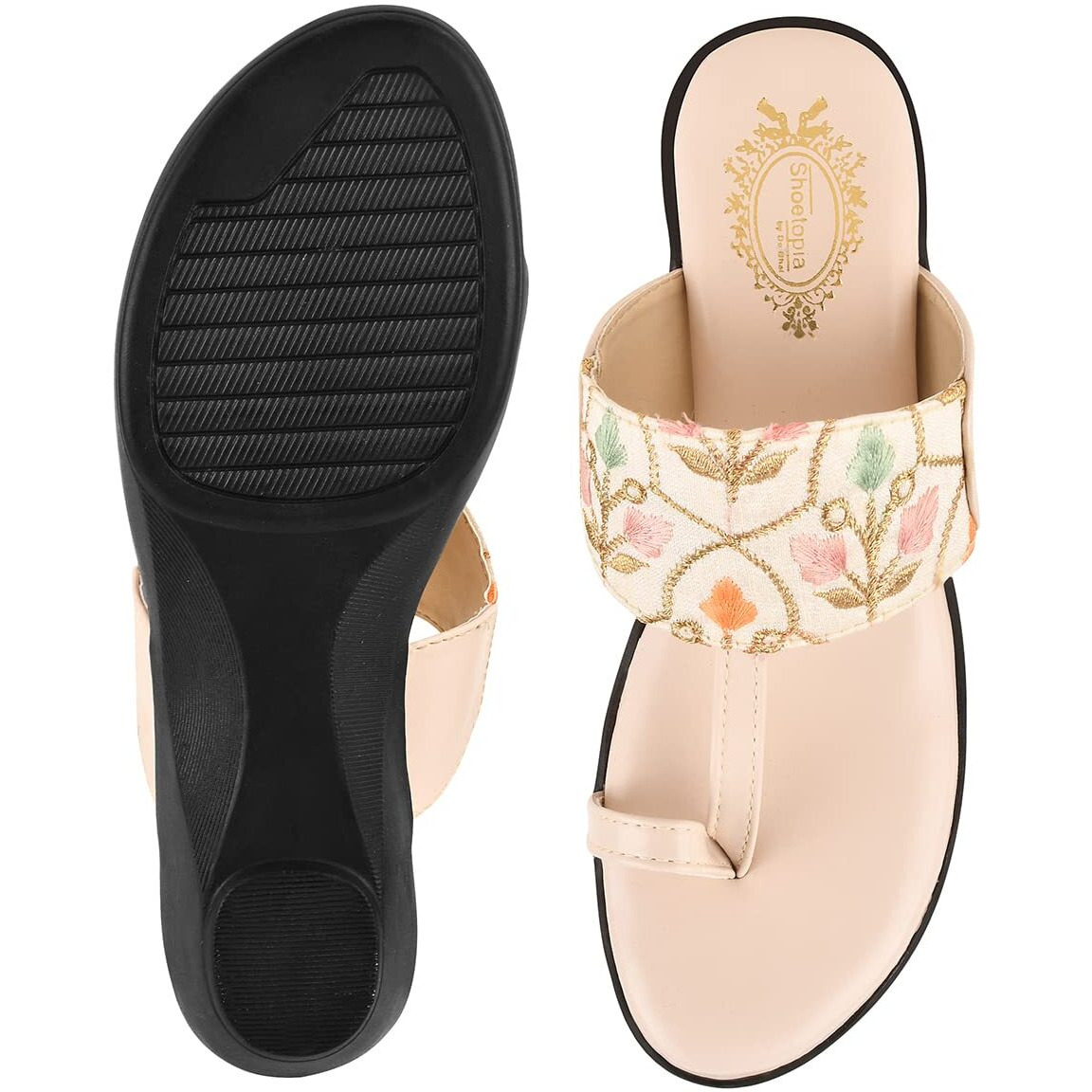 Shoetopia Embroidered Ethnic Cream Kolhapuri Wedgess For Women & Girls /Uk3