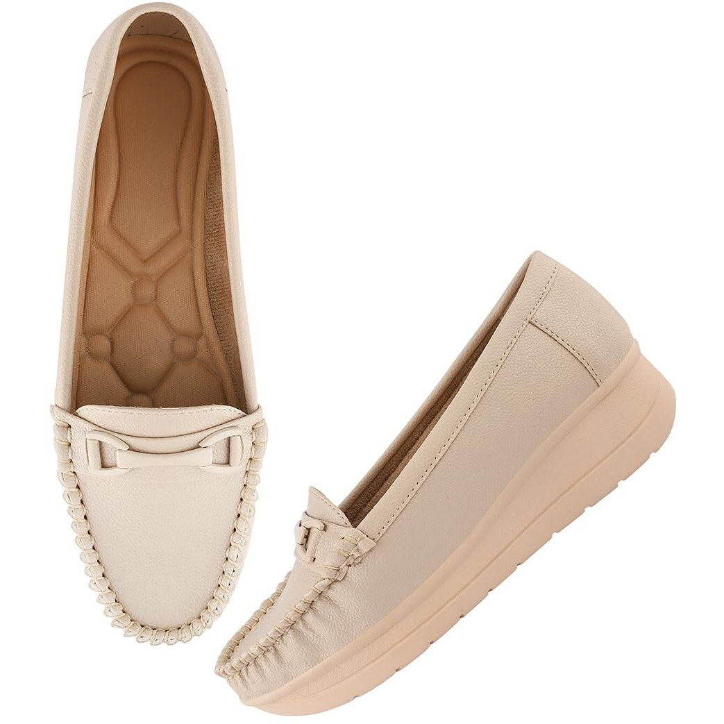 Shoetopai Women's Cream Comfort Loafers  Soft Faux Leather Slip-On Shoes With Cushioned Sole, Casual Footwear Eu36