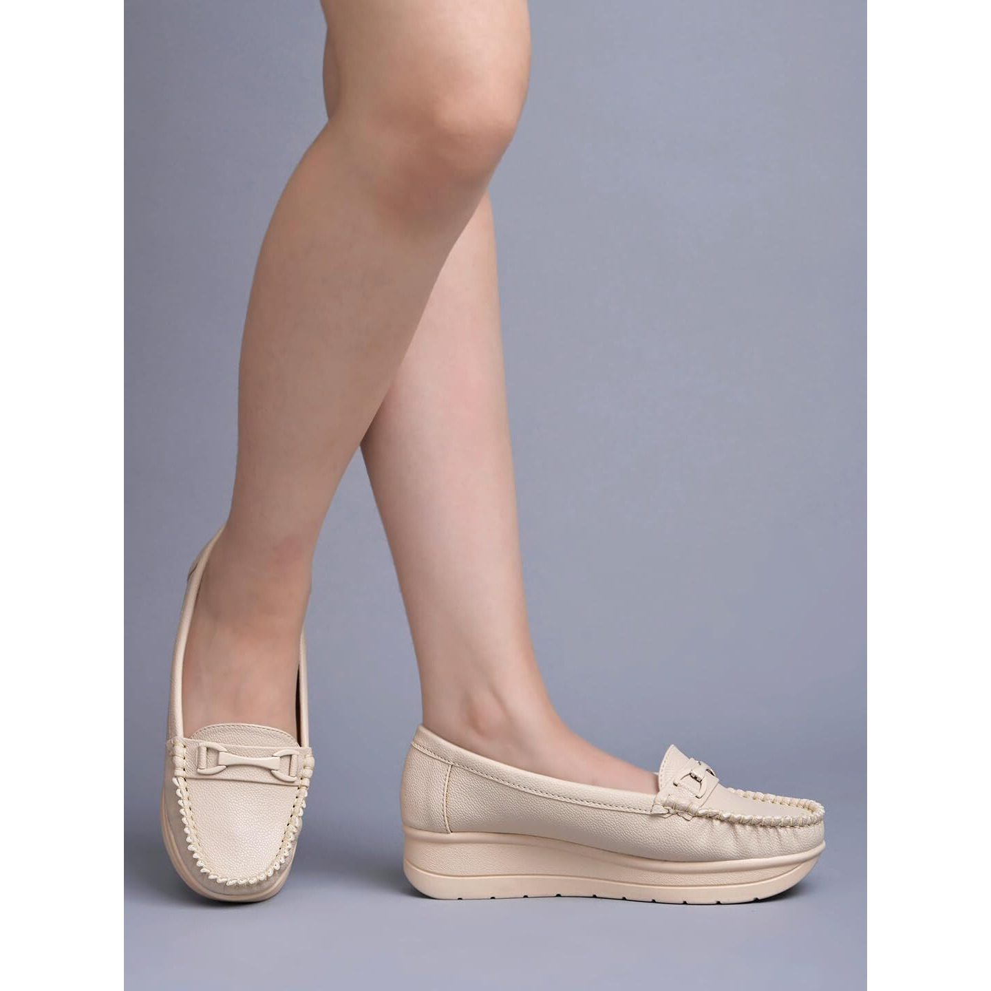 Shoetopai Women's Cream Comfort Loafers  Soft Faux Leather Slip-On Shoes With Cushioned Sole, Casual Footwear Eu36