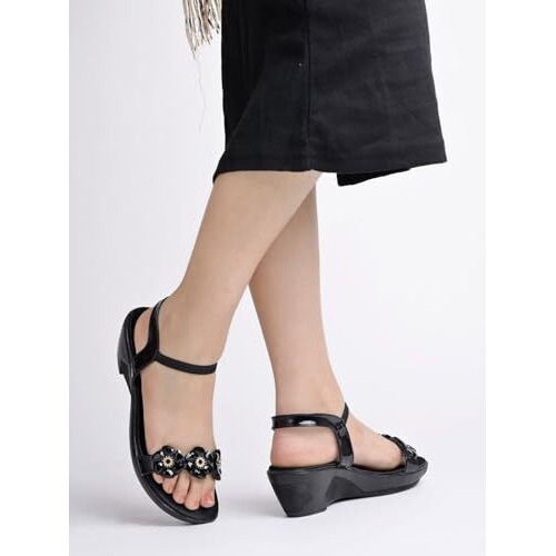 Shoetopia Womens Fancy Black Wedge Sandal /Eu42