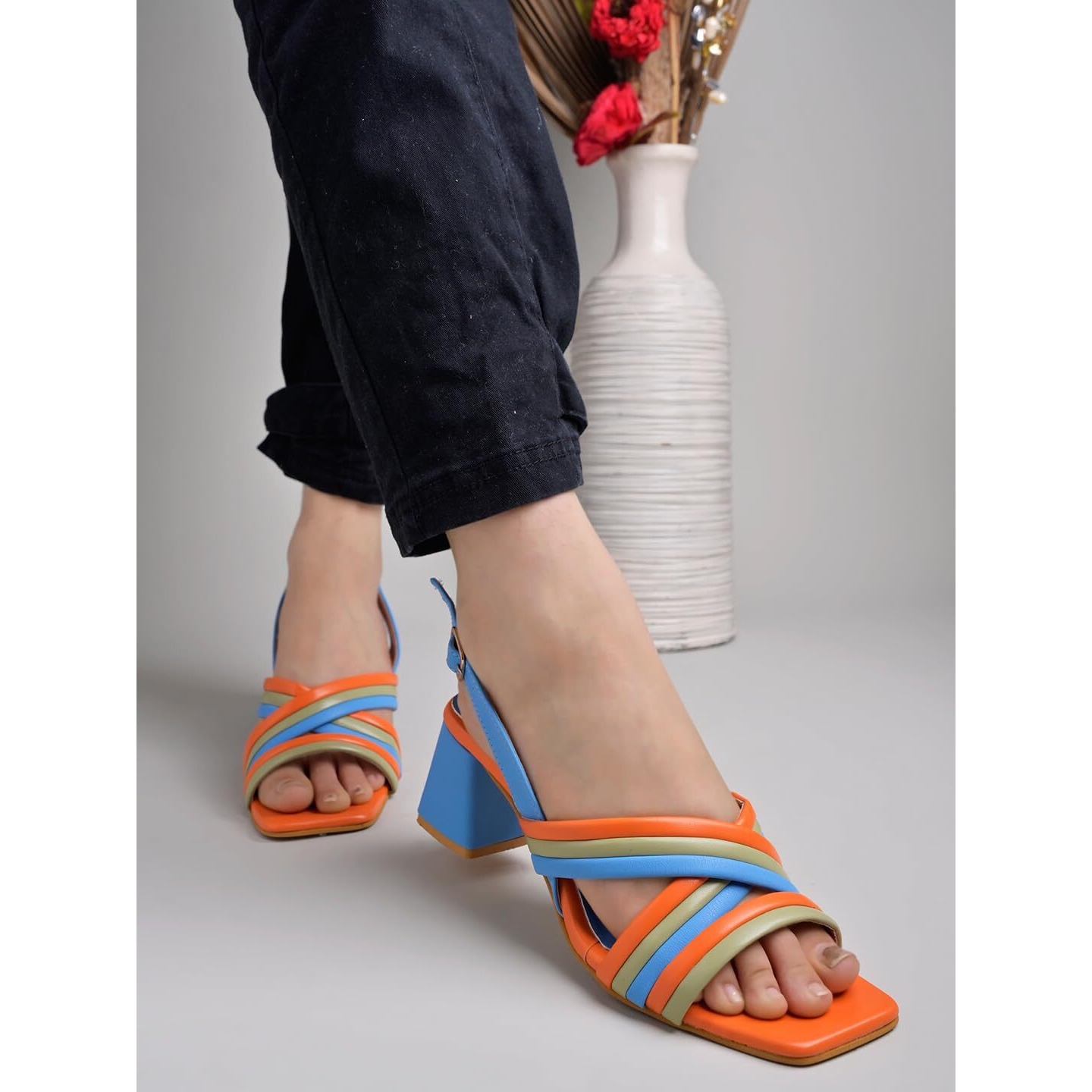 Shoetopia Multicolored Strappy Blue Block Heels For Women & Girls-Eu40