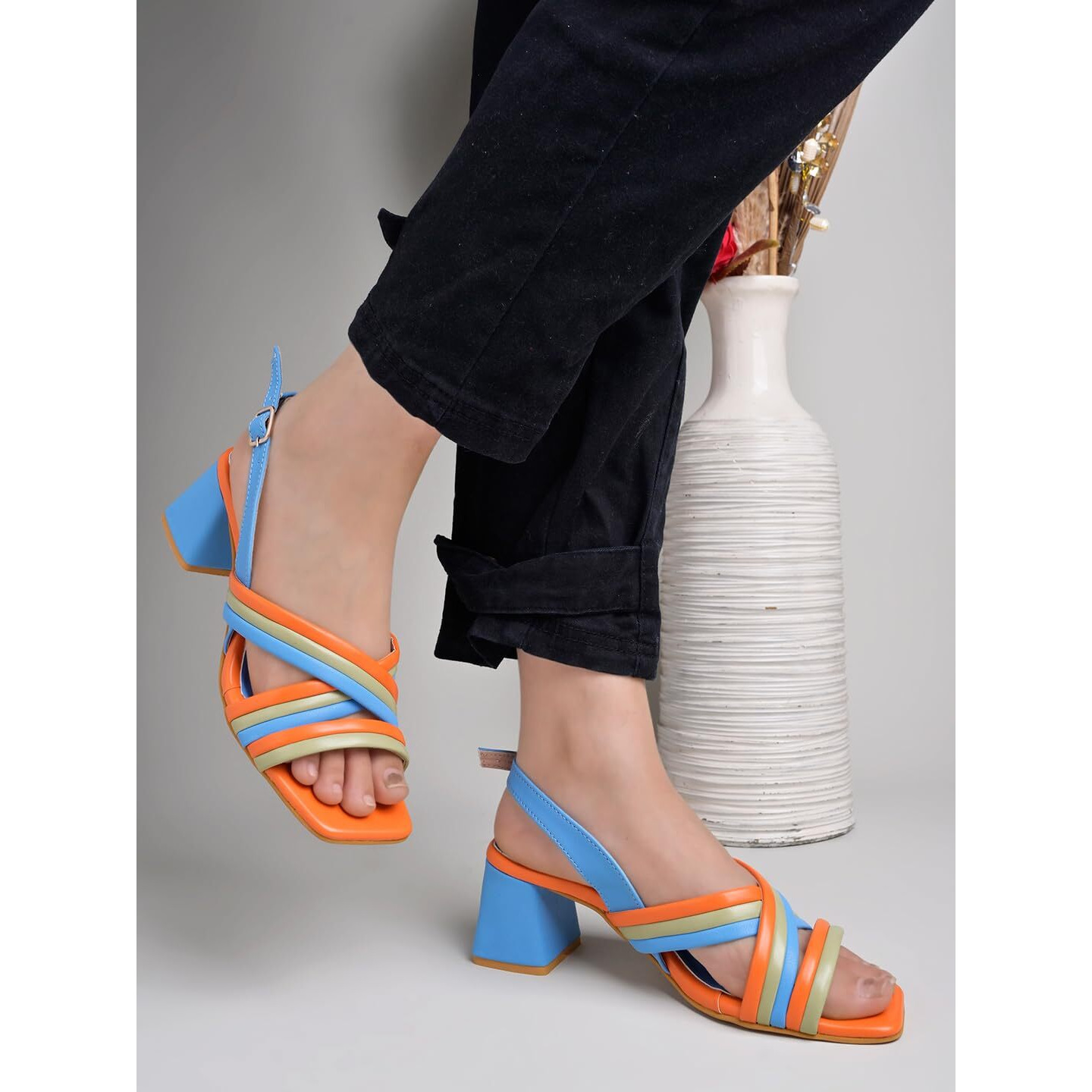 Shoetopia Multicolored Strappy Blue Block Heels For Women & Girls-Eu40