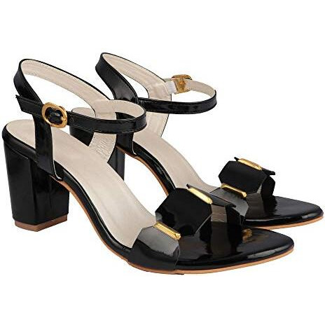 Elegant Black Heeled Sandals For Women ||Ankle Strap Chunky Block Heels With Gold Accent  Open Toe Dress Eu38