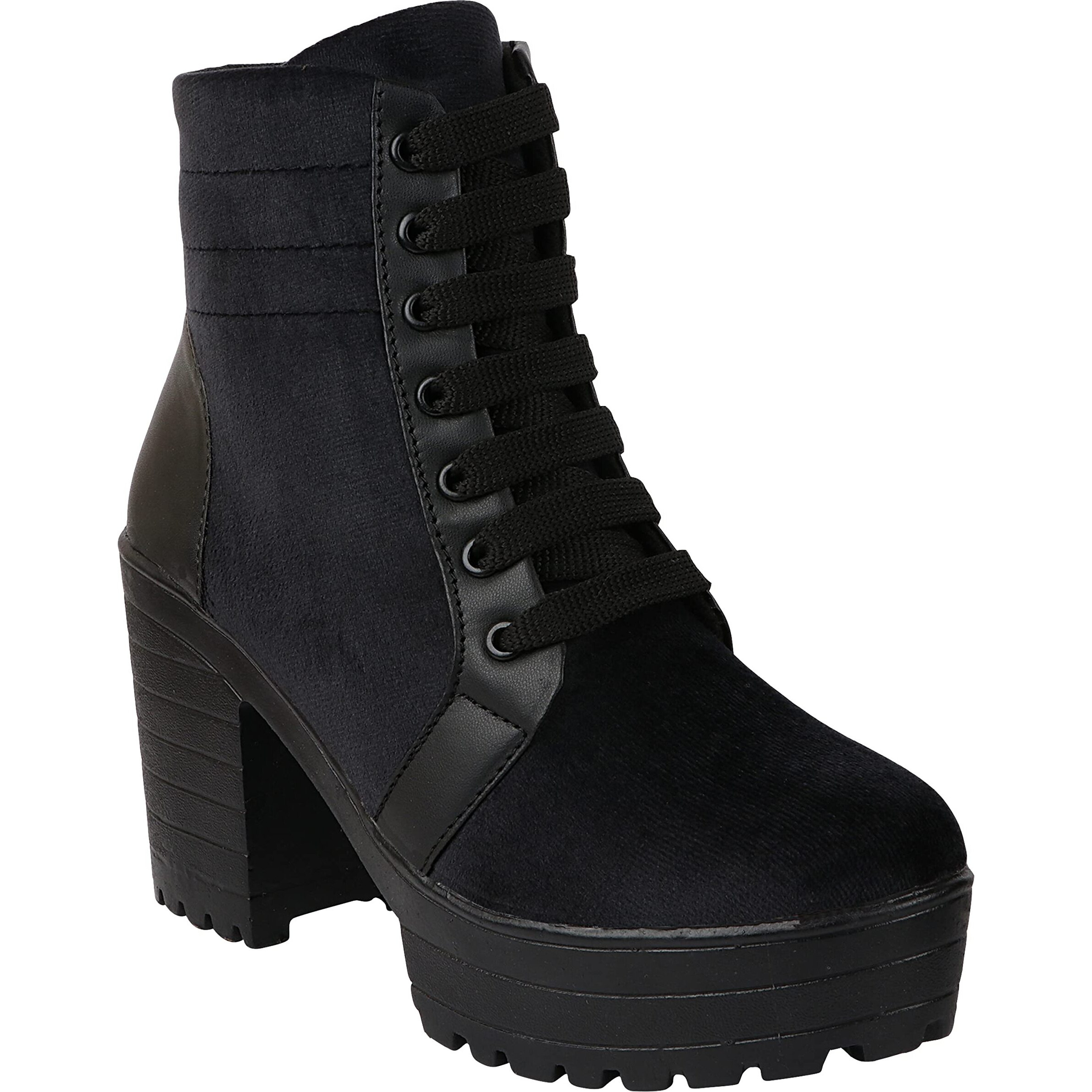 Shoetopia Women Black Block Heeled Lace Up Boot
