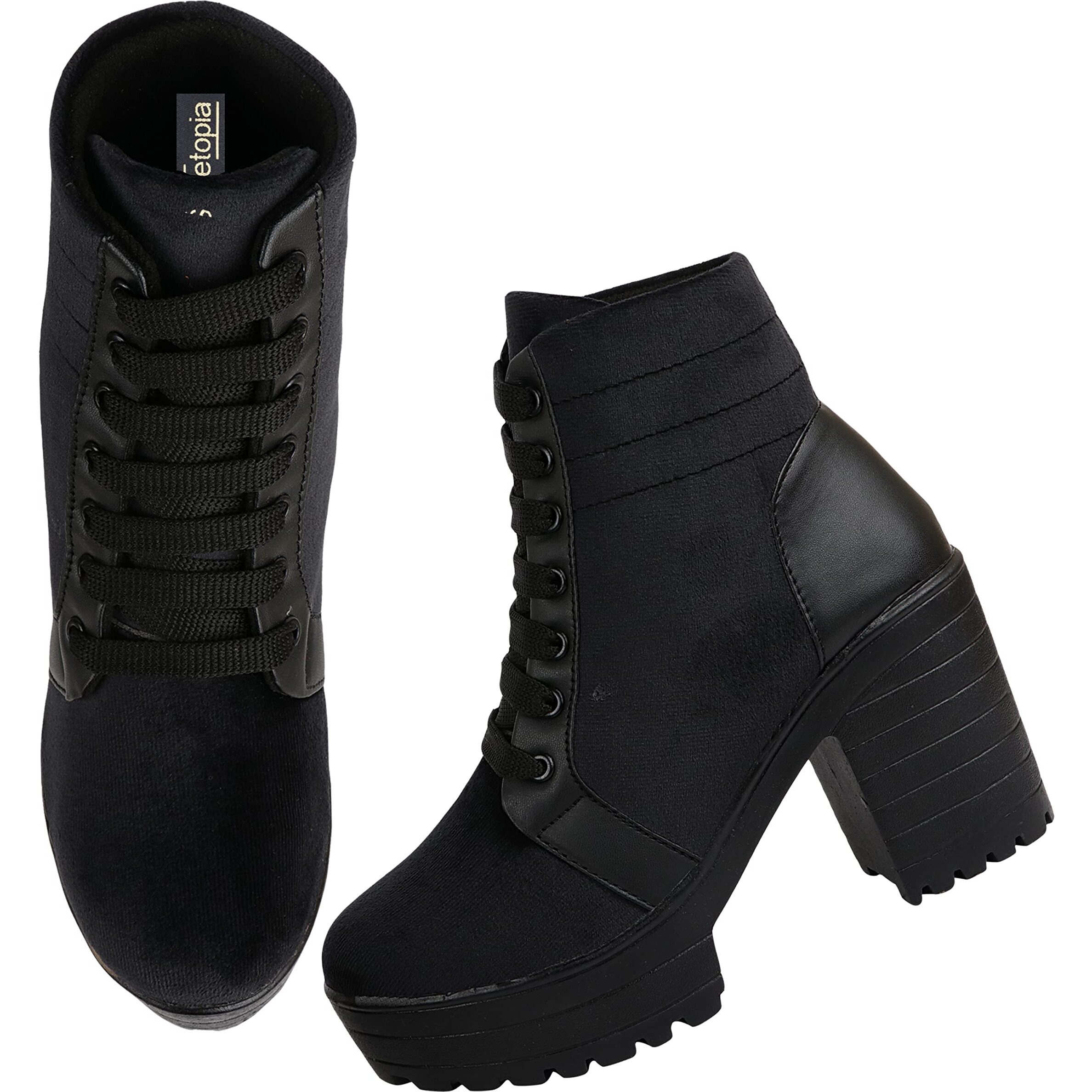 Shoetopia Women Black Block Heeled Lace Up Boot