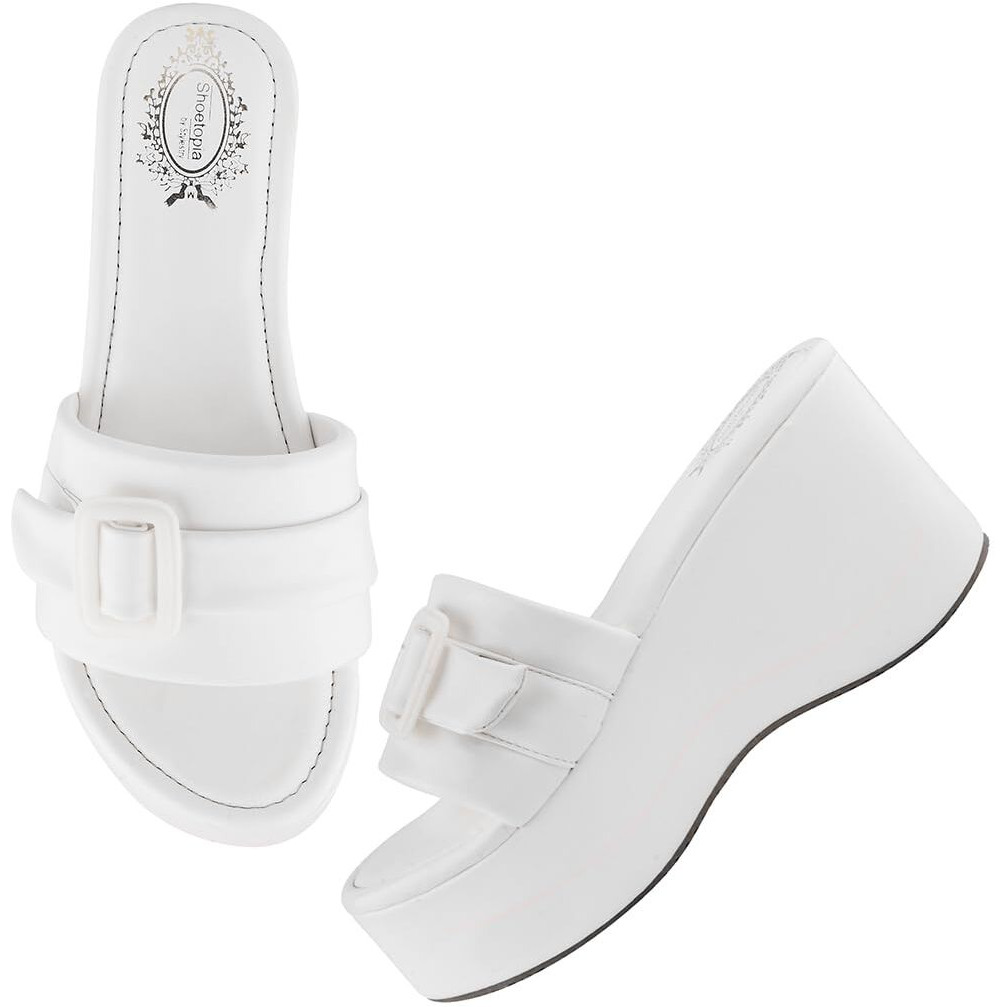 Shoetopia Women's White Platform Slip-On Sandals  Chunky Wedge Slides With Buckle Strap Stylish Comfortable, Durable Perfect For Casual & Party Eu40