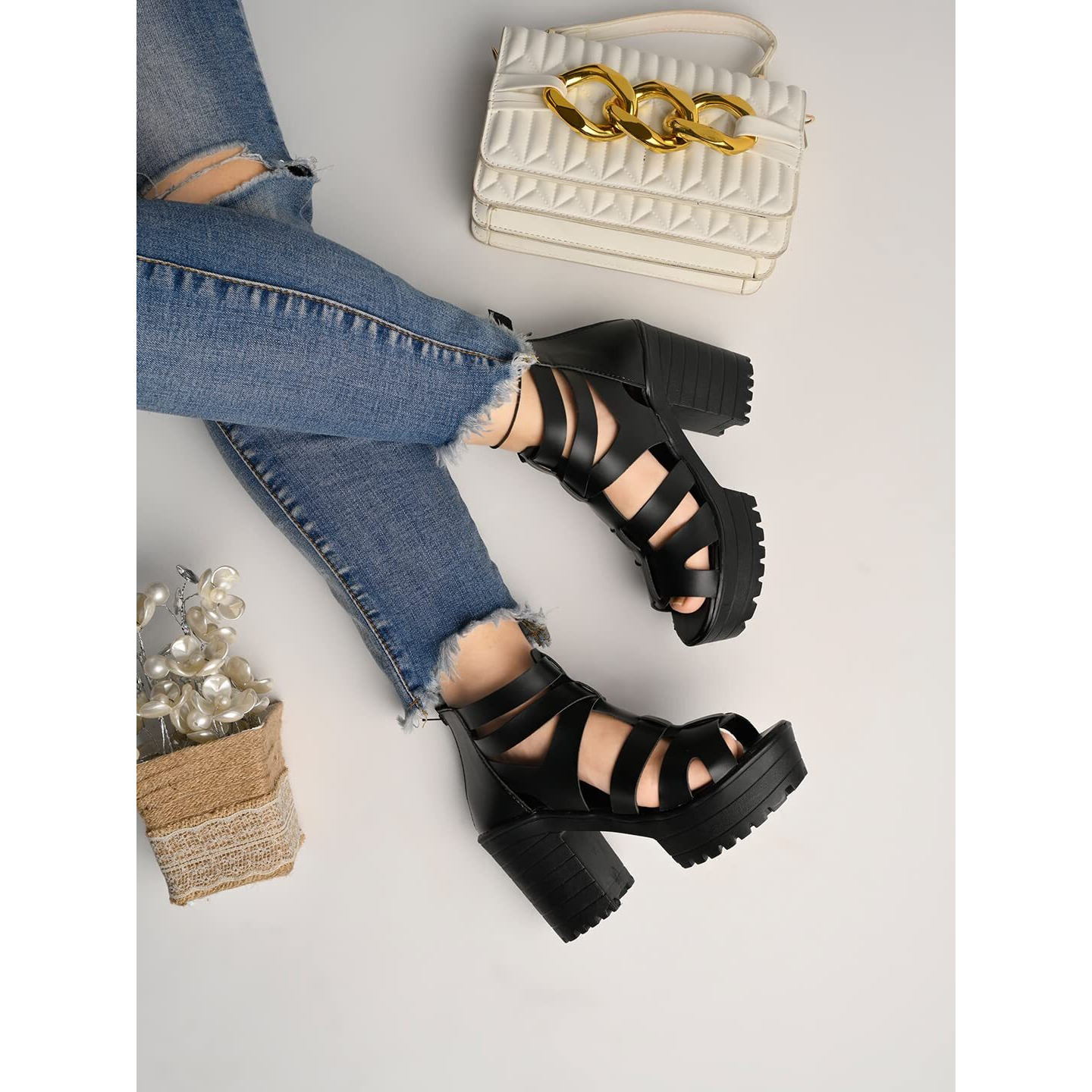 Shoetopia Smart Casual Black Block Heeled Sandal For Women