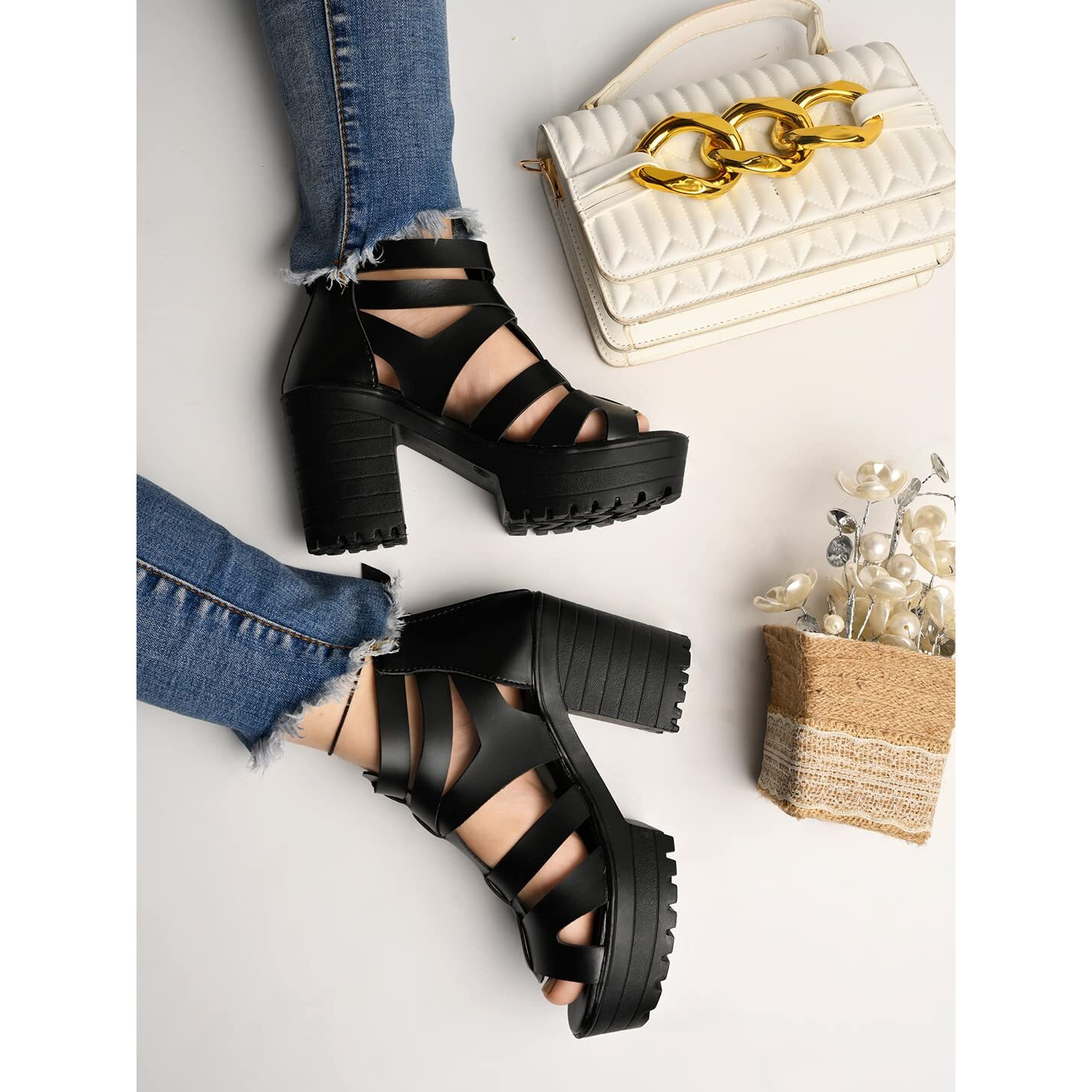 Shoetopia Smart Casual Black Block Heeled Sandal For Women