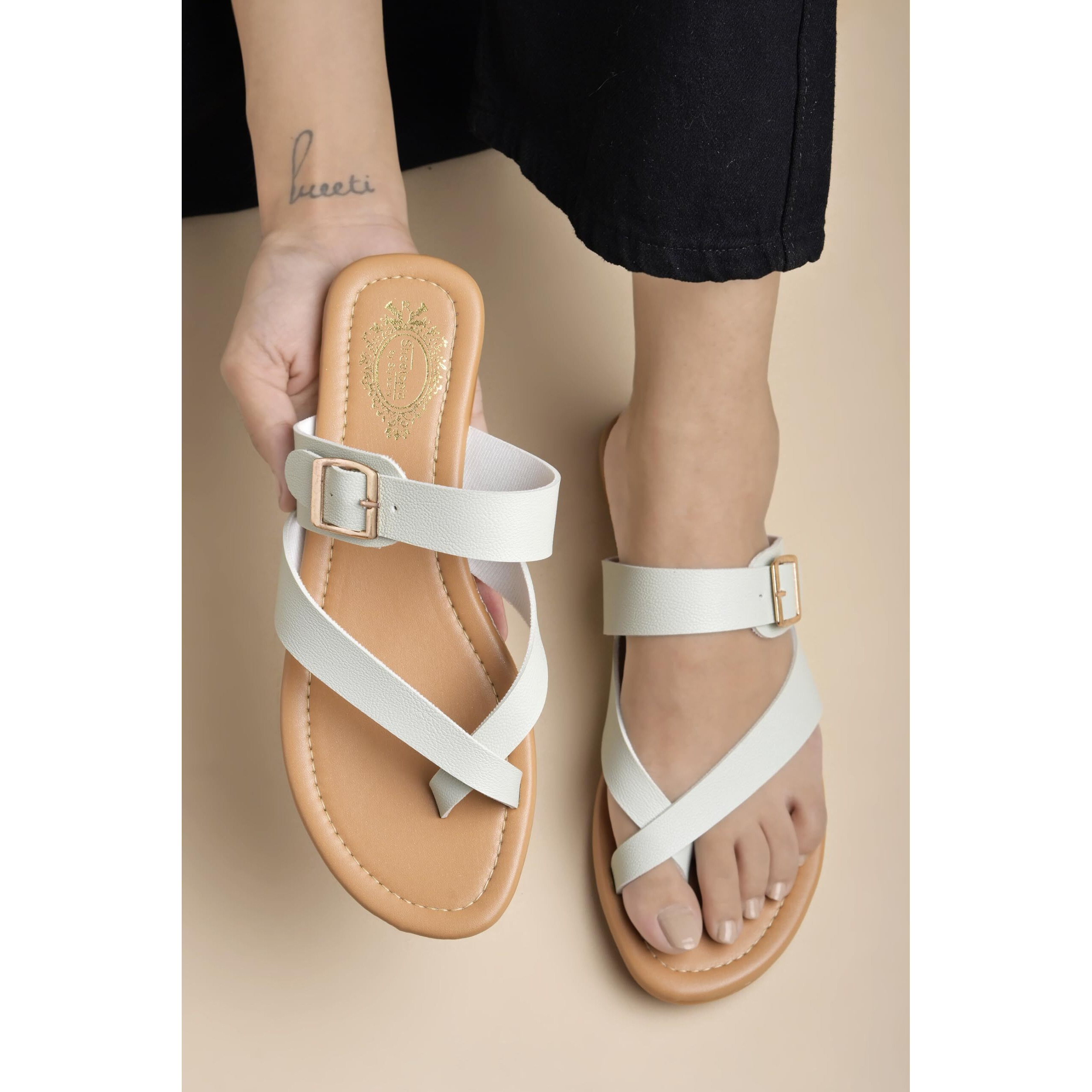Shoetopia Stylish Side Buckle Detailed Green Flats For Women & Girls /Eu37