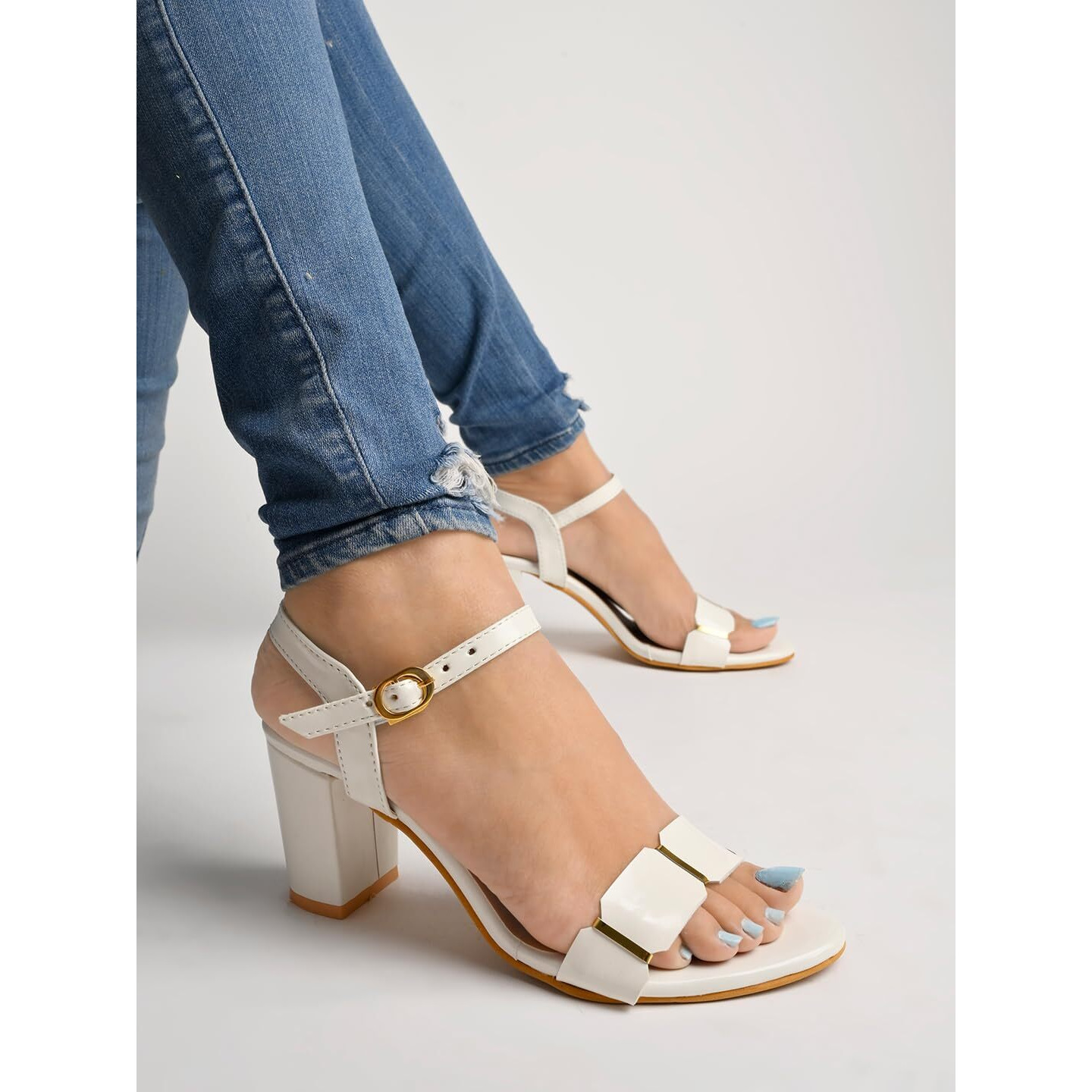 Elegant White Heeled Sandals For Women ||Ankle Strap Chunky Block Heels With Gold Accent  Open Toe Dress Eu41