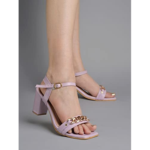 Shoetopia Women's Block Heel Sandals Open-Toe ||Dress Sandals With Gold Chain Detail, Ankle Strap, And Square Toe|| Elegant Heeled Sandals For Parties, Weddings, And Formal Wear-Mauve-Eu41