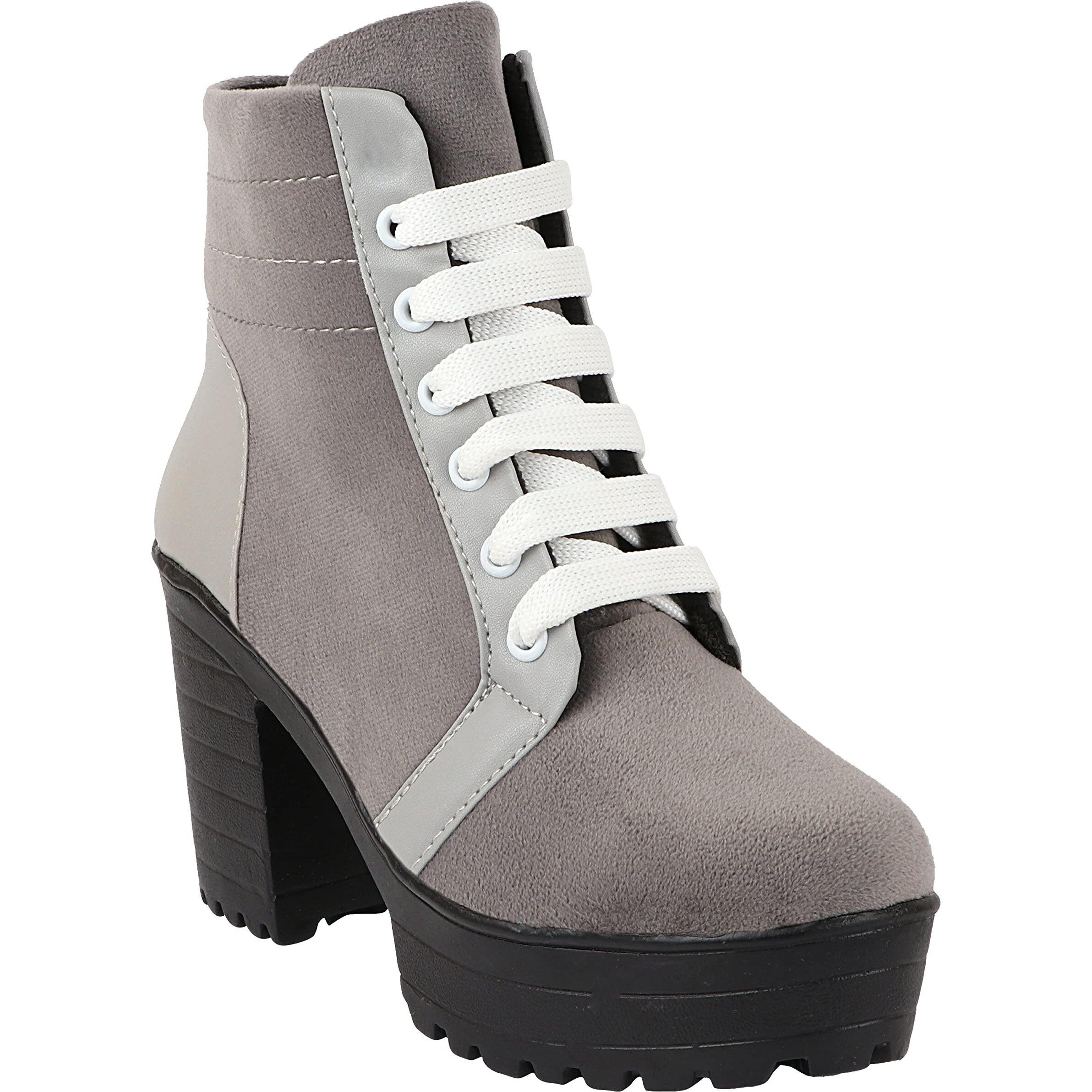 Shoetopia Women Grey Block Heeled Lace Up Boot-Eu37