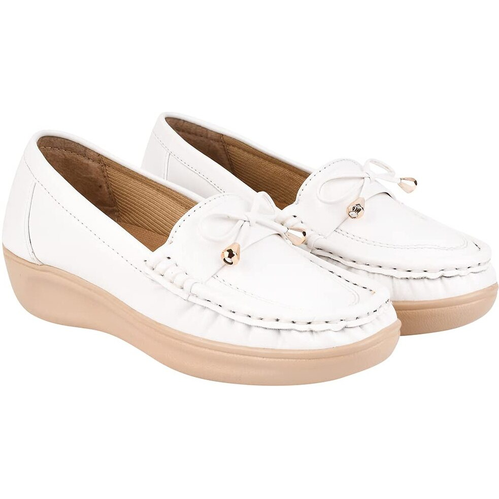 Shoetopia Upper Bow Detailed White Slip-On Loafers For Women & Girls /Uk4