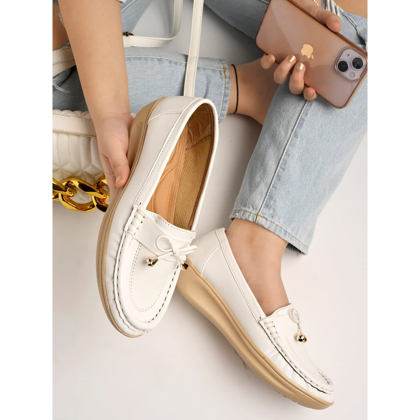 Shoetopia Upper Bow Detailed White Slip-On Loafers For Women & Girls /Uk4
