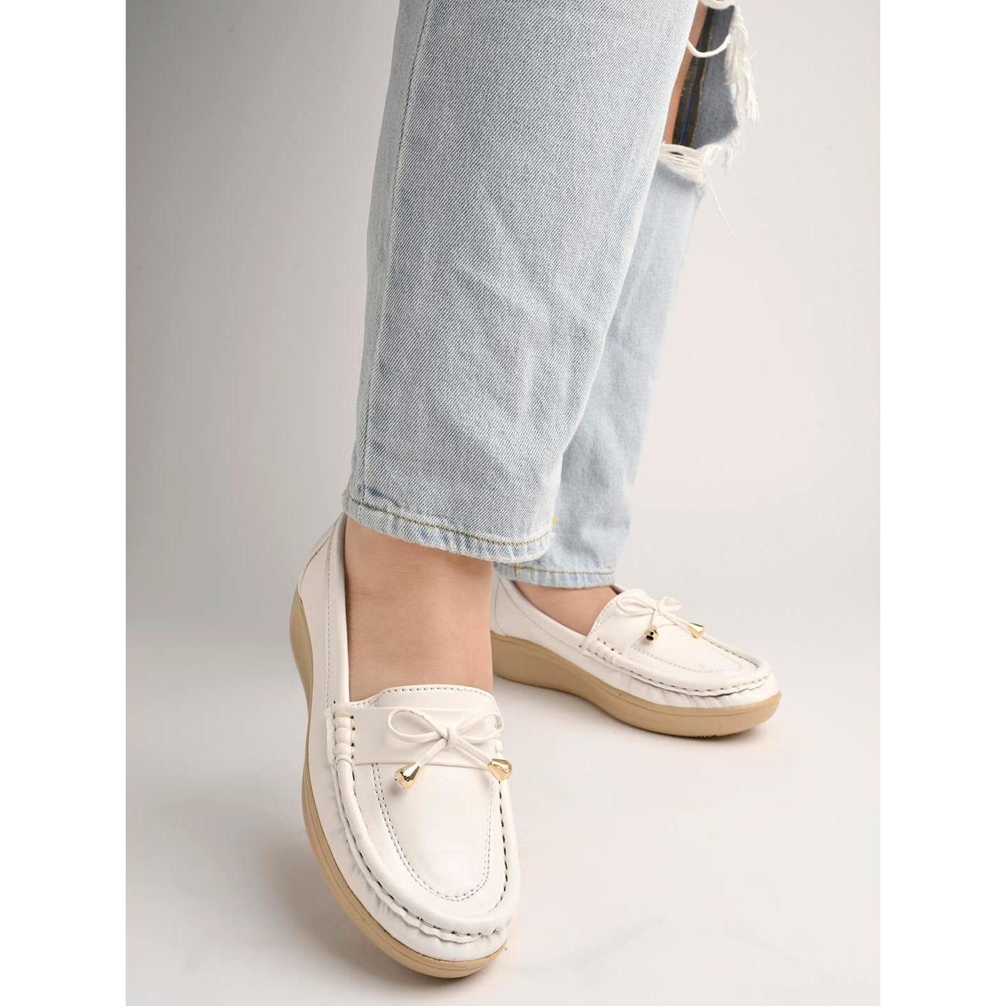 Shoetopia Upper Bow Detailed White Slip-On Loafers For Women & Girls /Uk4