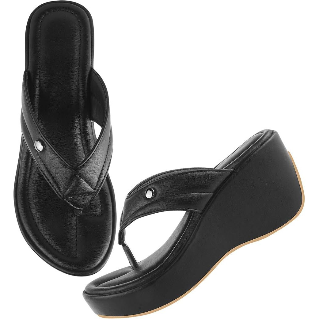 Shoetopia Women's Stylish & Durable Synthetic Wedge Sandals With Resin Footwear Comfort, Perfect For Casual & Dressy Occasions, Trendy Design, Adjustable Fit-Black-Eu39