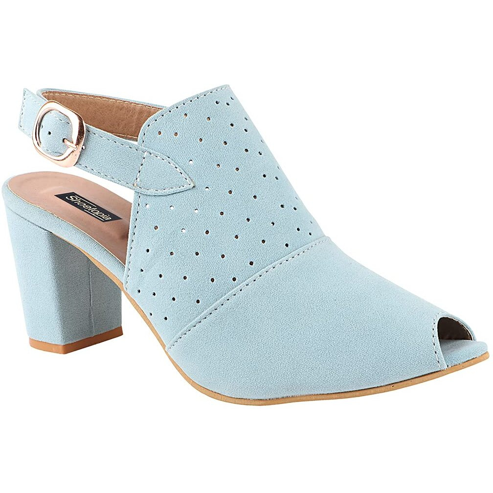 Shoetopia Womens/Girls Blue Laser Cuts Peep-Toed Heeled Mules-Eu36