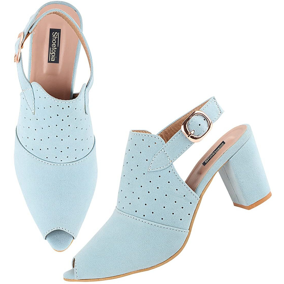 Shoetopia Womens/Girls Blue Laser Cuts Peep-Toed Heeled Mules-Eu36