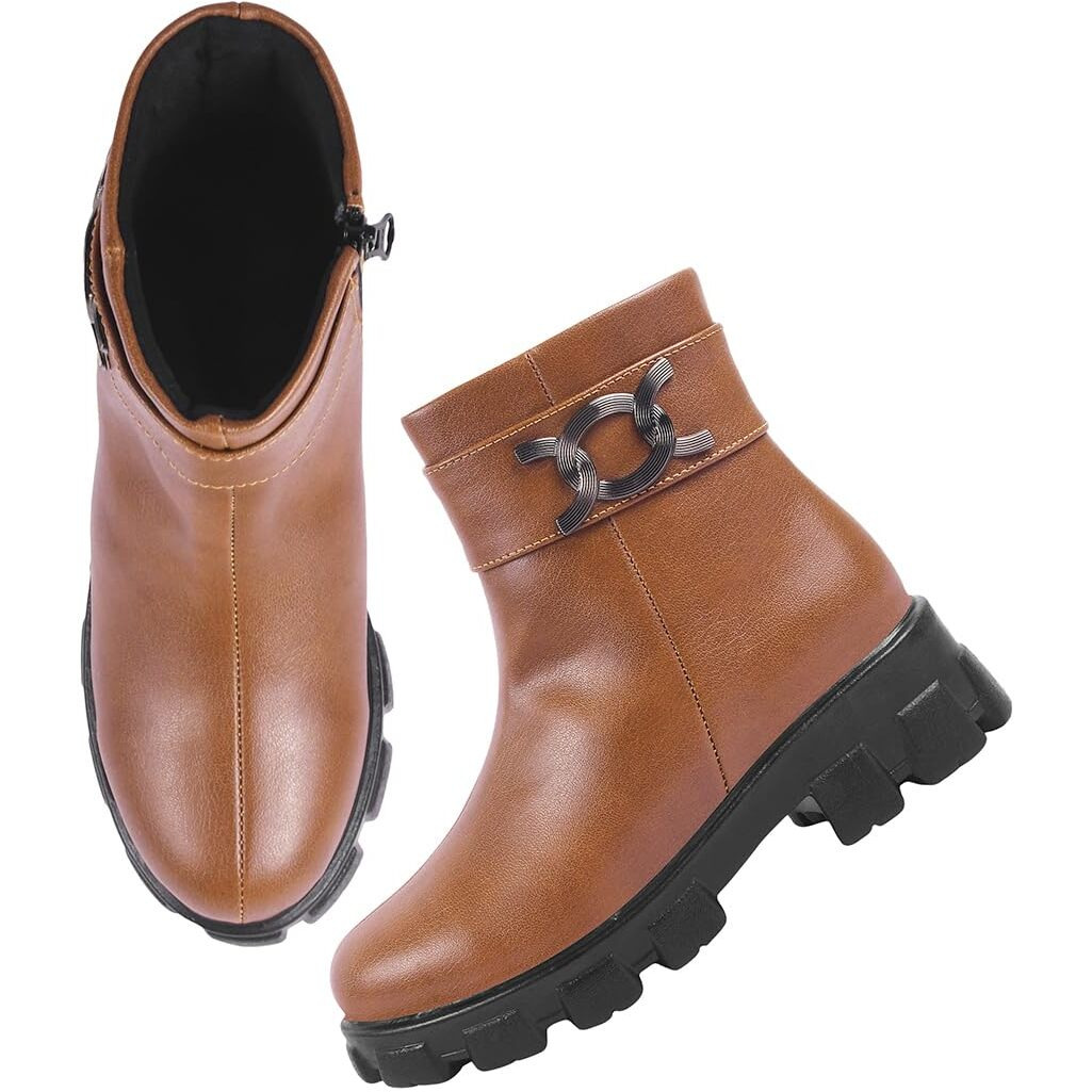 Shoetopia Smart Casual Side Buckle Detailed Tan Boots For Women & Girls /Eu37