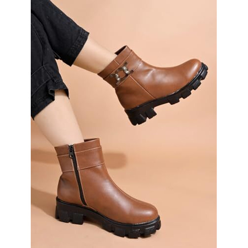 Shoetopia Smart Casual Side Buckle Detailed Tan Boots For Women & Girls /Eu37