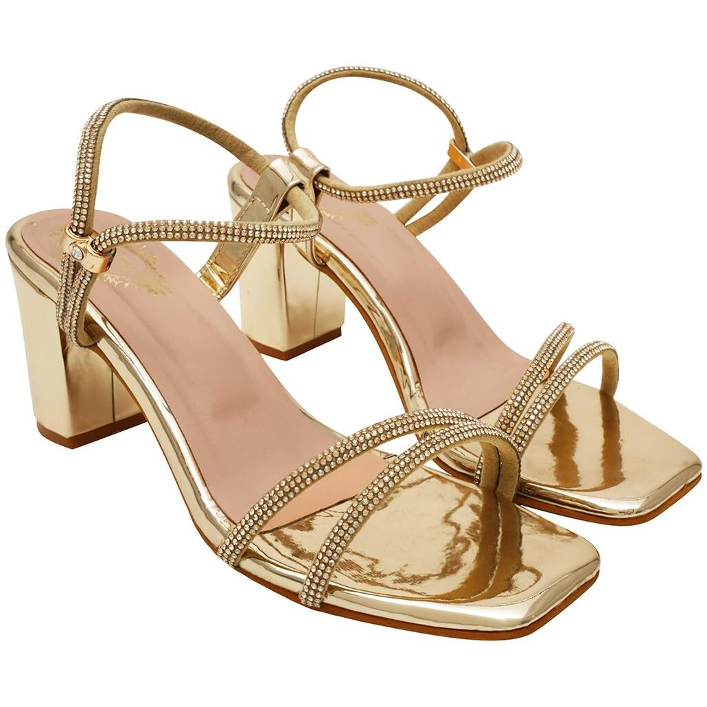 Shoetopia Stylish Strappy Block Golden Heels For Women  Open Toe Ankle Strap Sandals, Perfect For Parties, Weddings & Night Out Comfortable & Stylish Eu36