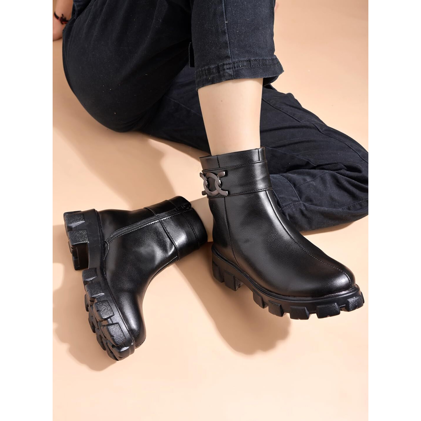 Shoetopia Casual Side Buckle Detailed Black Boots For Women & Girls /Eu39