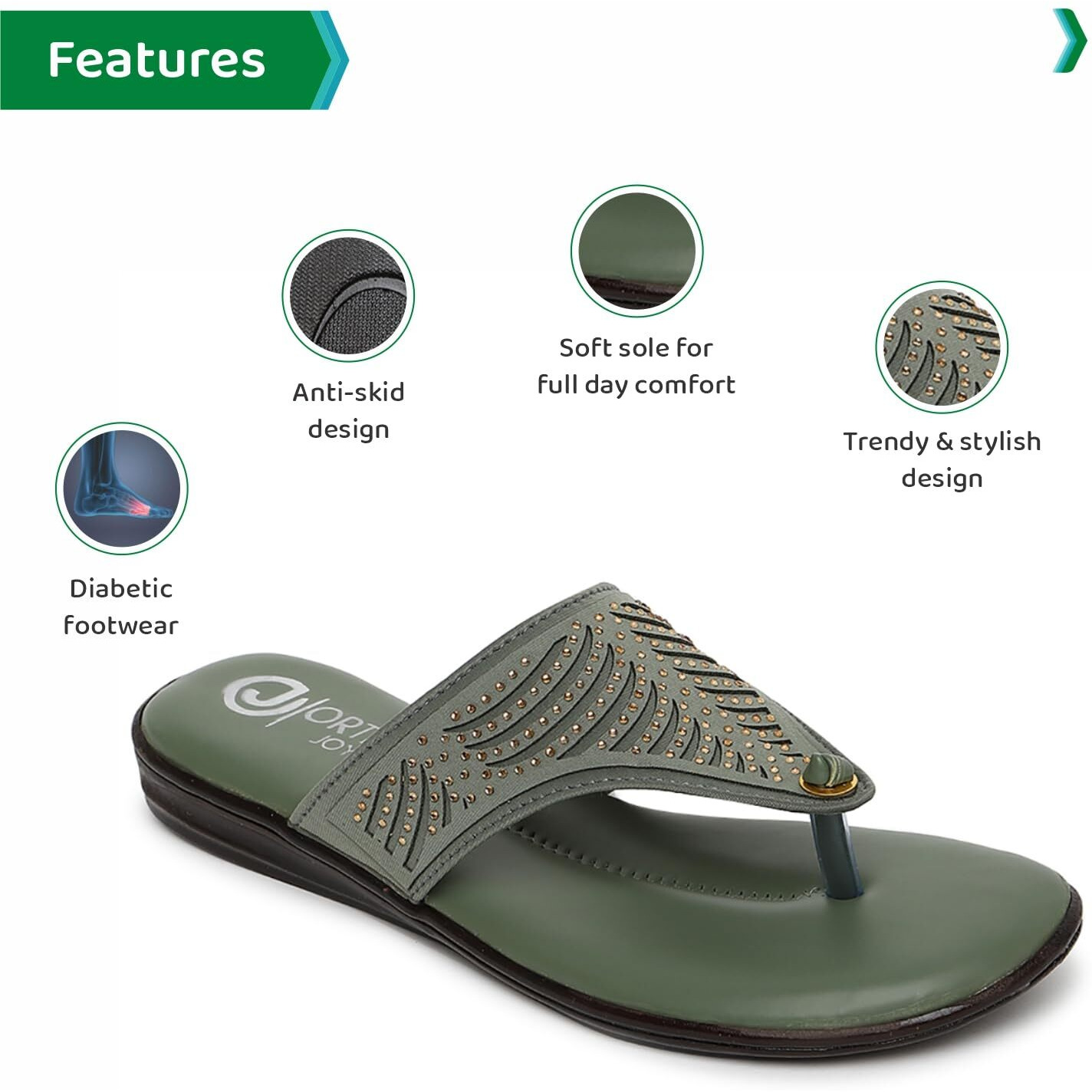 Ortho Joy Fancy Doctor Slipper For Women | Fancy Comfortable Footwear For Women Green Color