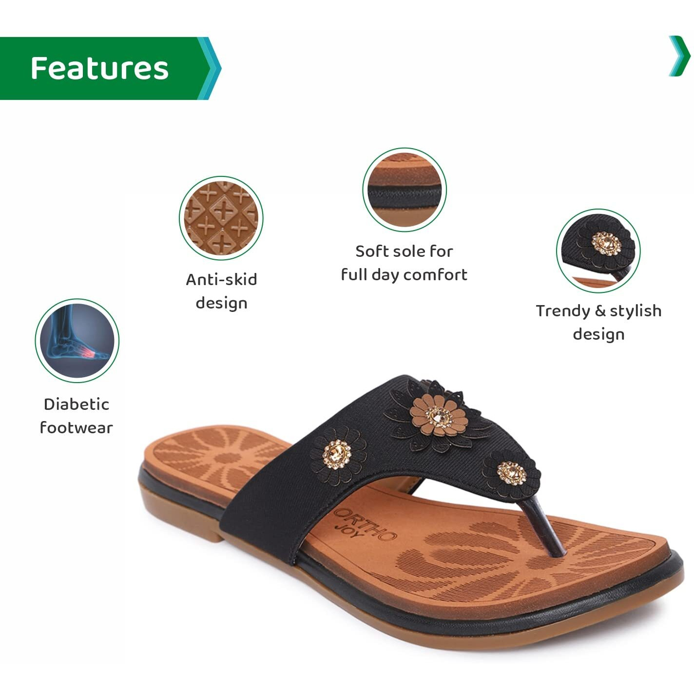 Ortho Joy Extra-Soft Fancy Doctor Slippers For Women - Orth_Wsp14_Blk_39