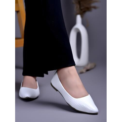 Shoetopia Women's Whitetextured Bellies  Stylish Pointed Toe Flats For Office, Casual & Daily Eu39