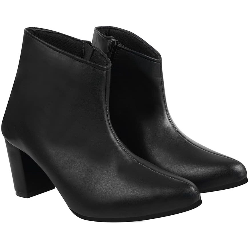 Shoetopai Women's Black Ankle Boots  Faux Leather Pointed Toe Booties With Side Zip & Mid Block Heel For Work, Party & Everyday Eu40