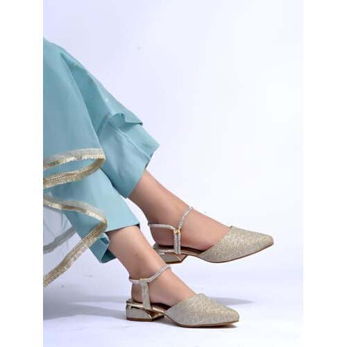 Shoetopia Embellished Buckle Pointed Toe Stylish Golden Pumps For Women & Girls /Eu40