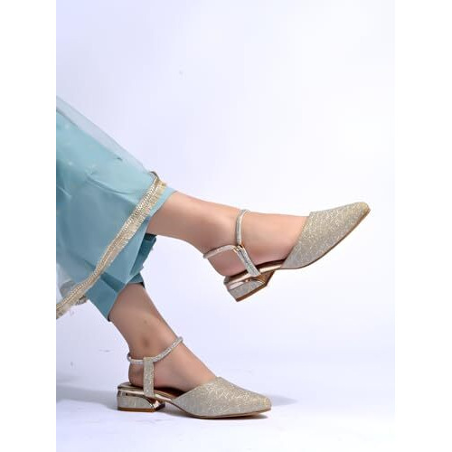 Shoetopia Embellished Buckle Pointed Toe Stylish Golden Pumps For Women & Girls /Eu40